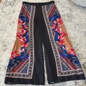 fab'rik Women's Palazzo Pants SZ M Black/Multi-Color Half-Leg Design Side zipper